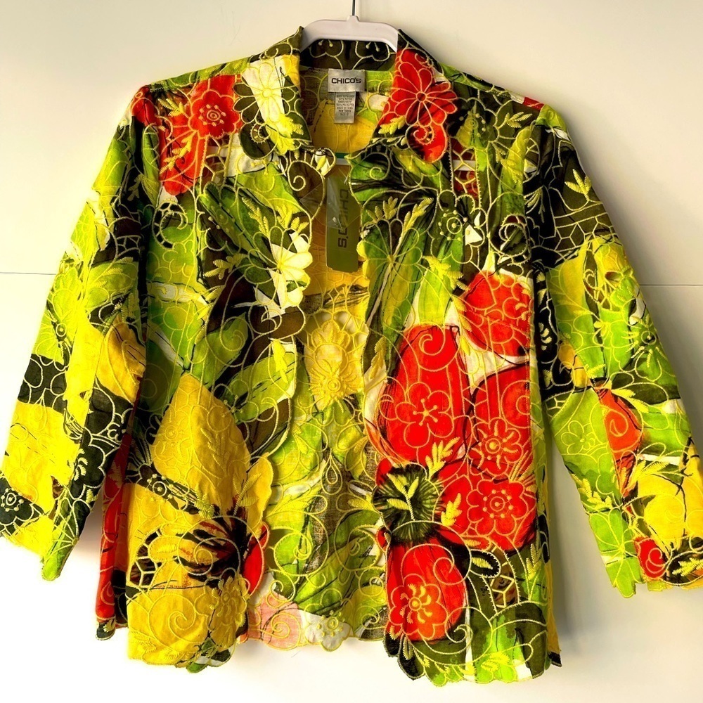 NWT! ($130) Chico's Women's Linen Blazer Jacket Open front Floral Boho, Sz S